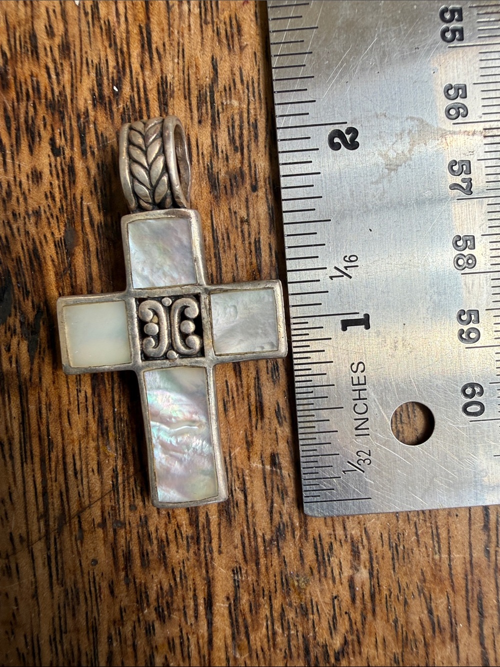 Vintage Sterling Silver 925 Mother of Pearl Cross Pendant Lg Artisan Religious - Picture 6 of 9